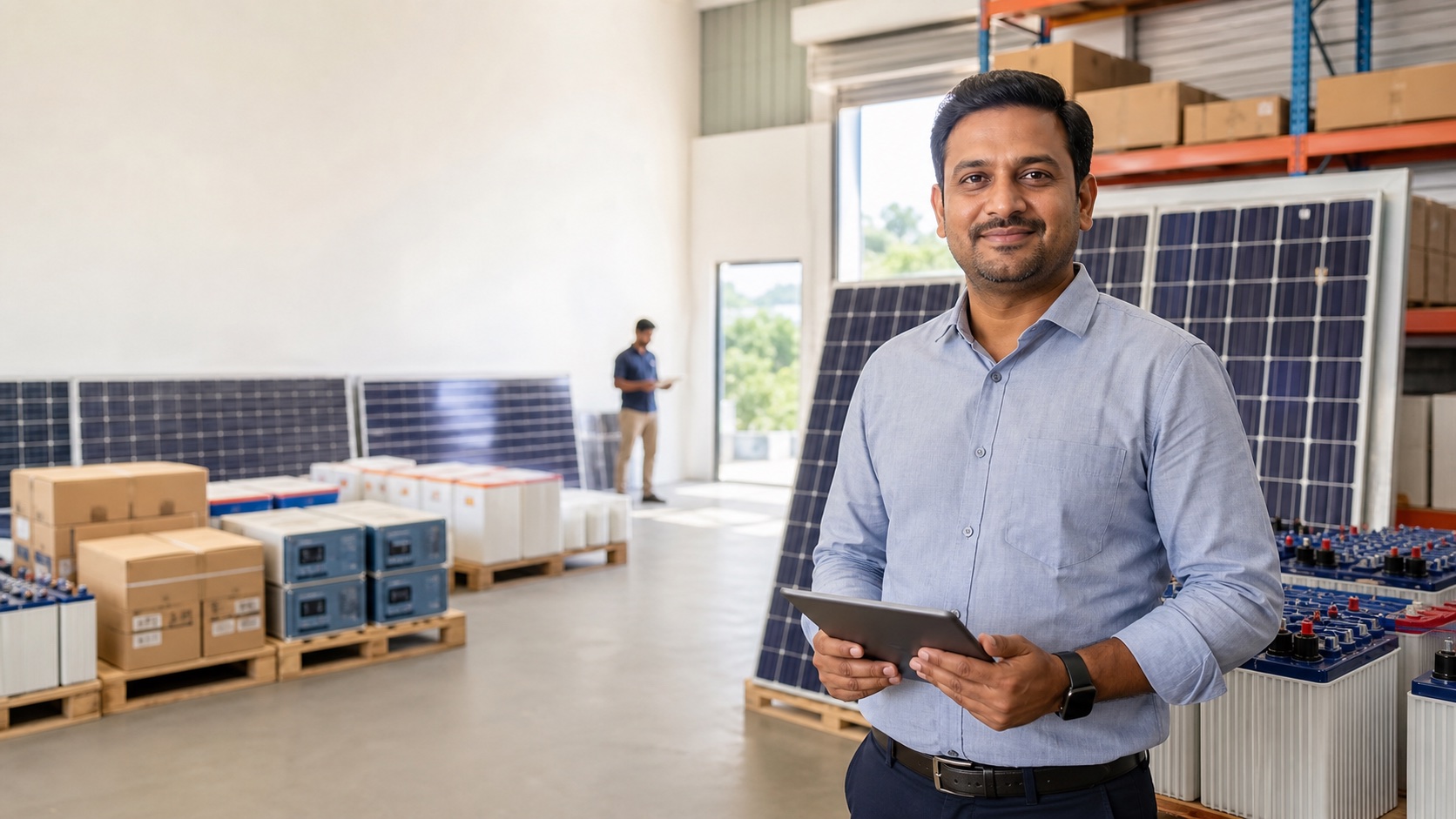 Solar products dealer in a stocked warehouse
