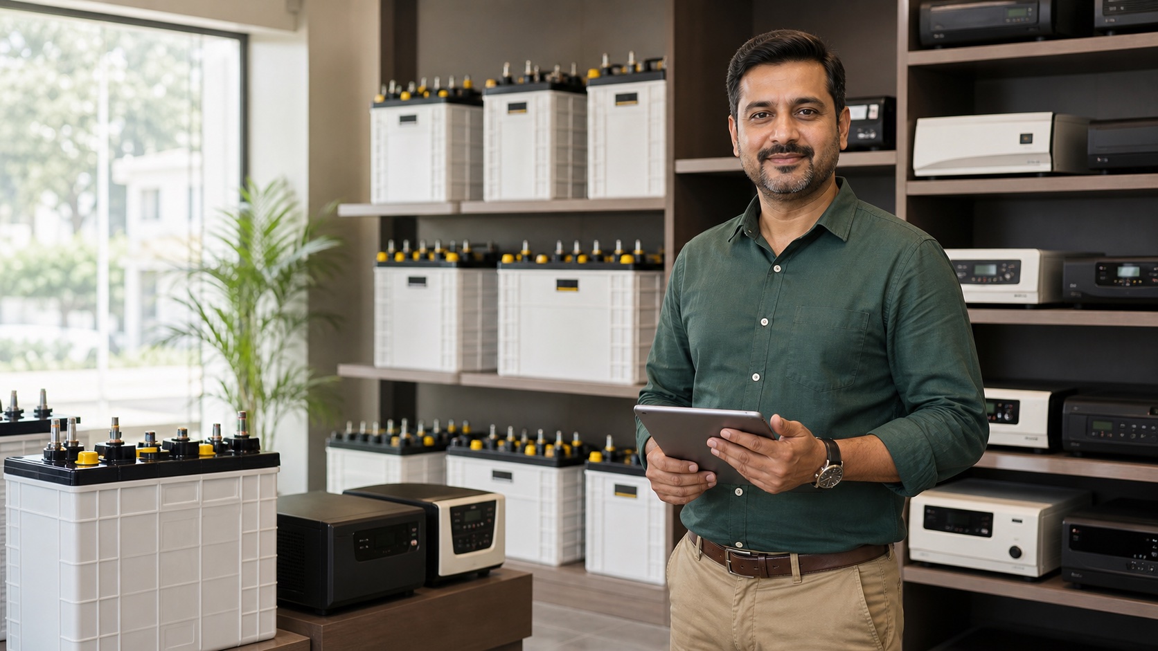 Inverter and battery dealer in a stocked showroom